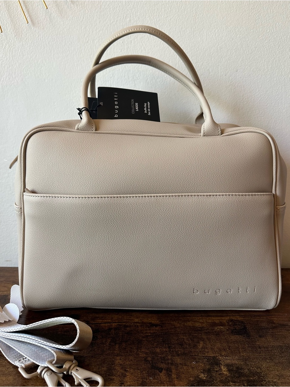 Bugatti Beige Duffle Bag Weekender with Crossbody Strap Vegan Leather NWT - Picture 2 of 8
